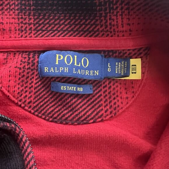 Polo Ralph Lauren Sweater Mens Large Red Buffalo Plaid Estate Rib Cotton 1/4 Zip - Picture 4 of 5